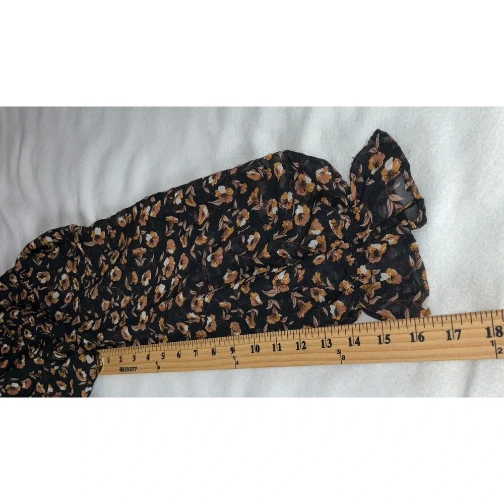 Storia  Dress Size S Mini Floral Long Sleeve ‎ Black Brown Ruched Swiss Dot Zip